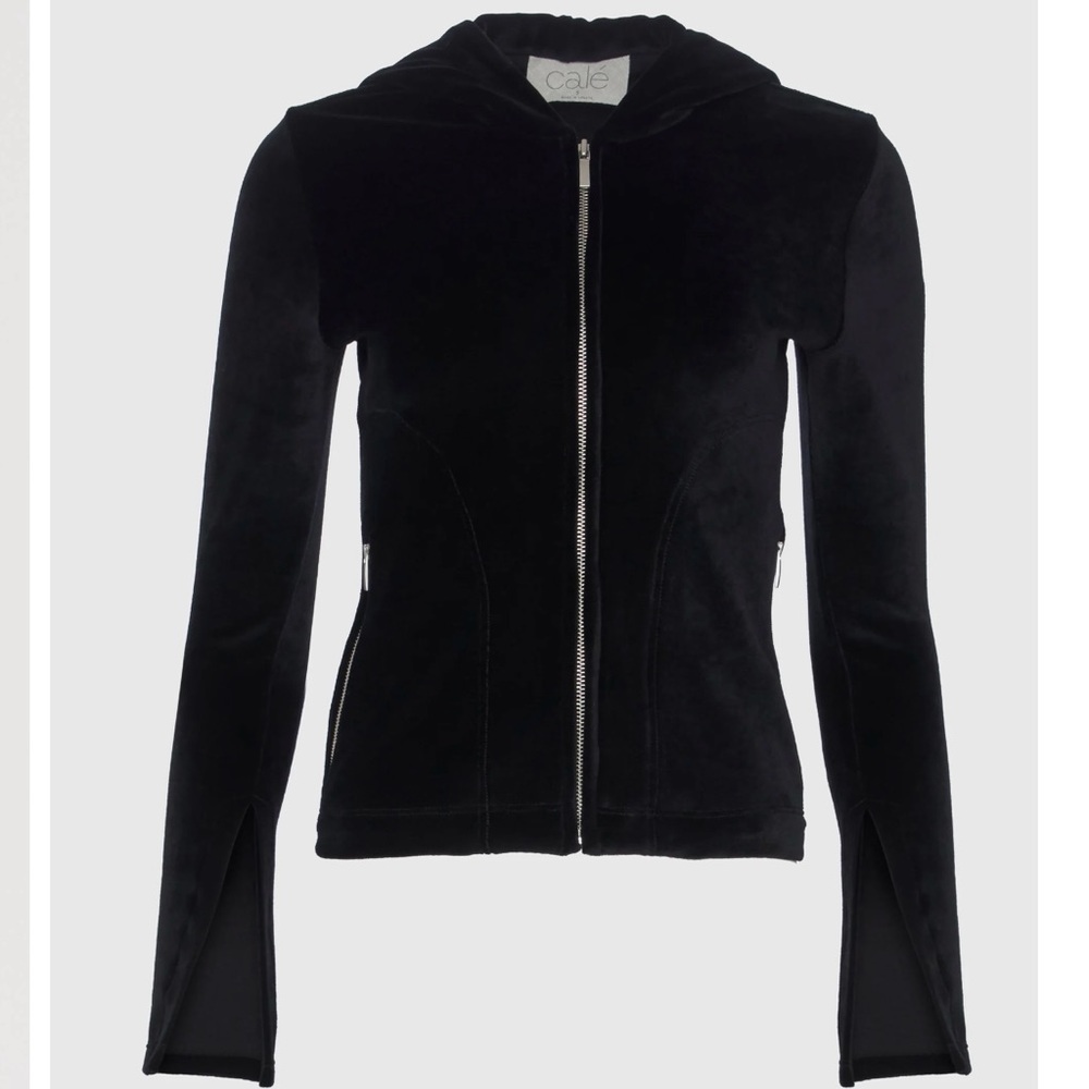 Simone Velour Zip Hoodie by Cale. Black Velvet w/silver Zippers. NWOT. XL